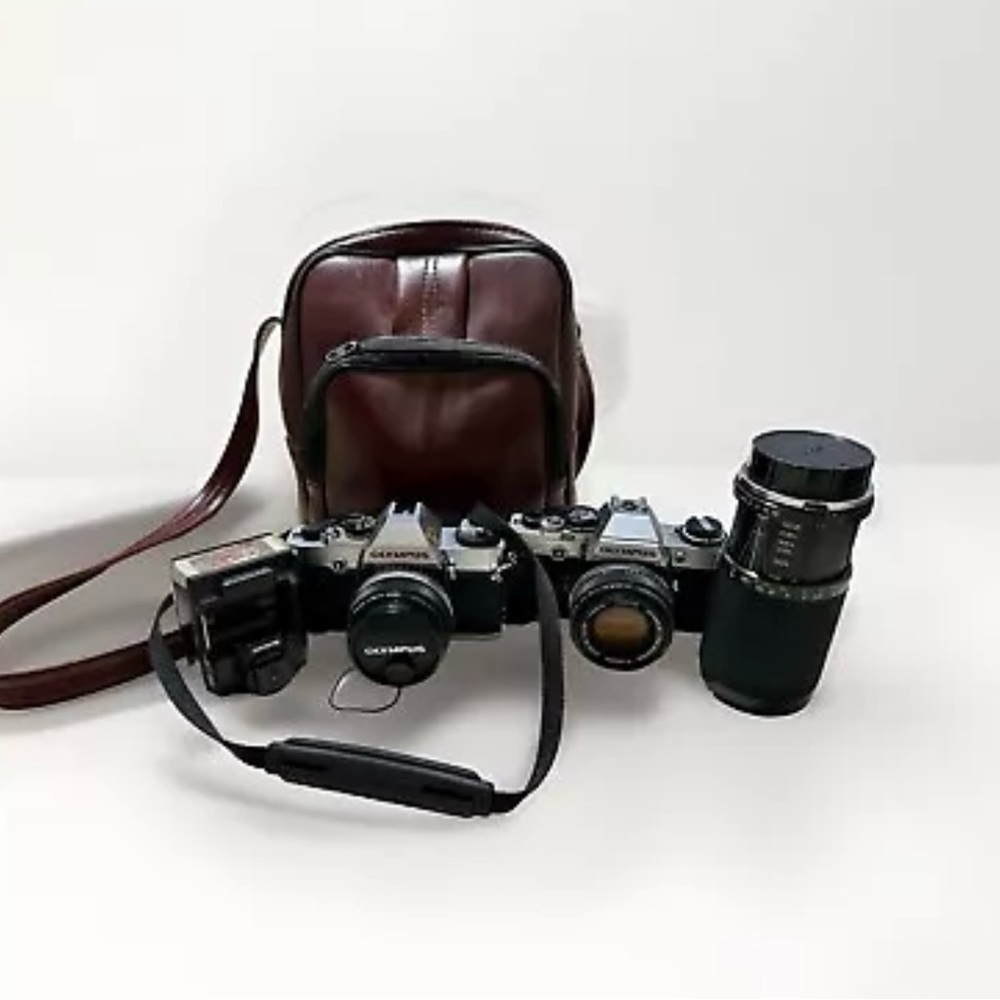 Vintage Olympus OMG & OM-10 Film Camera Collection w/ External Flash, Lens, Bag